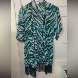 Lularoe Teal & Black Zebra Print Sheer Cardigan With Fringe